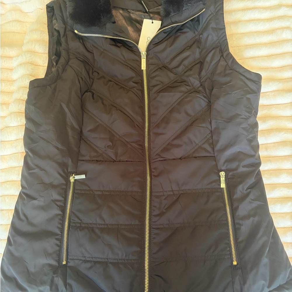 Calvin Klein Black Quilted Vest with Gold Zipper Accents. NWT